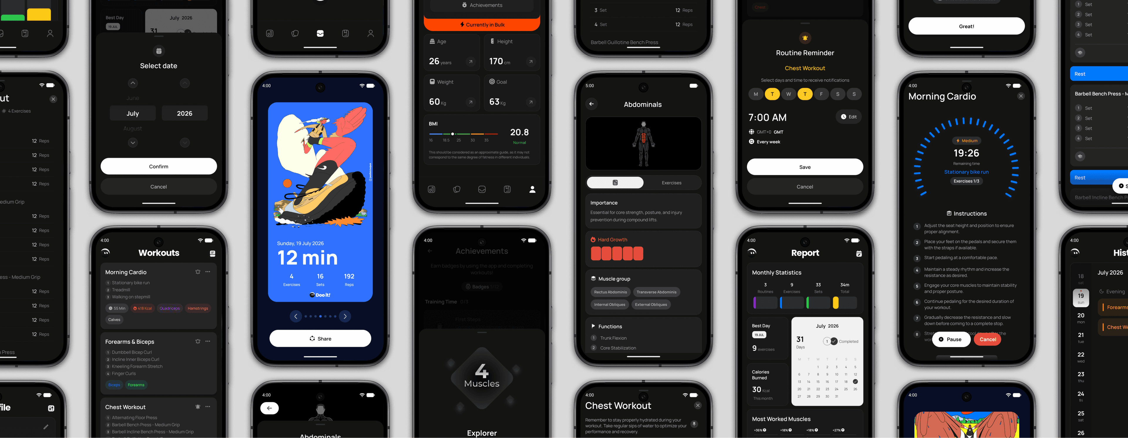 Doo It! screens showing workouts, progress, muscles and reminders